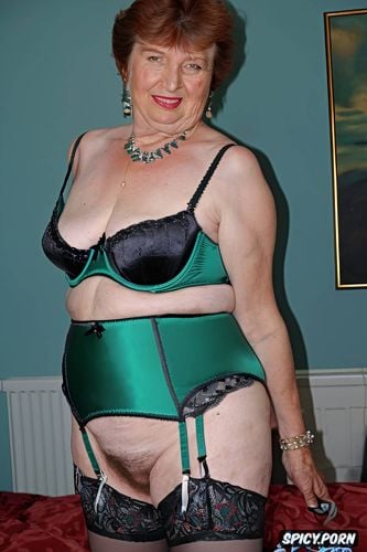 big saggy tits, stockings and garters, very hairy pussy, old irish grandma