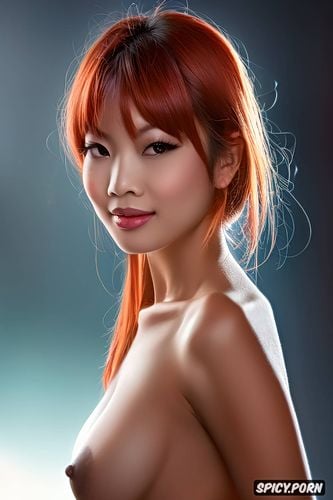 stunning face, red hair, natural boobs, asian lady, happy face