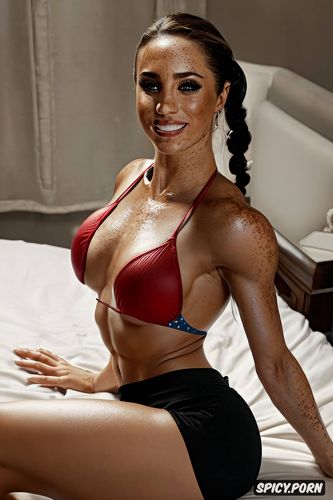 huge implants boobs, red micro bikini, freckles, girly bedroom