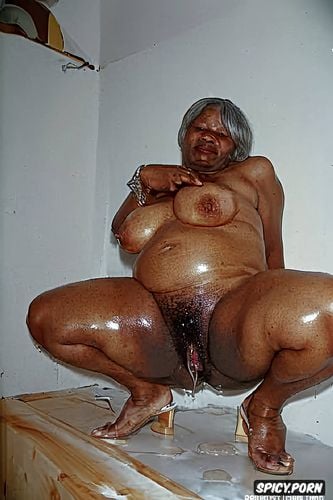 old african grandmother, hairy legs, belly, sweating, obese