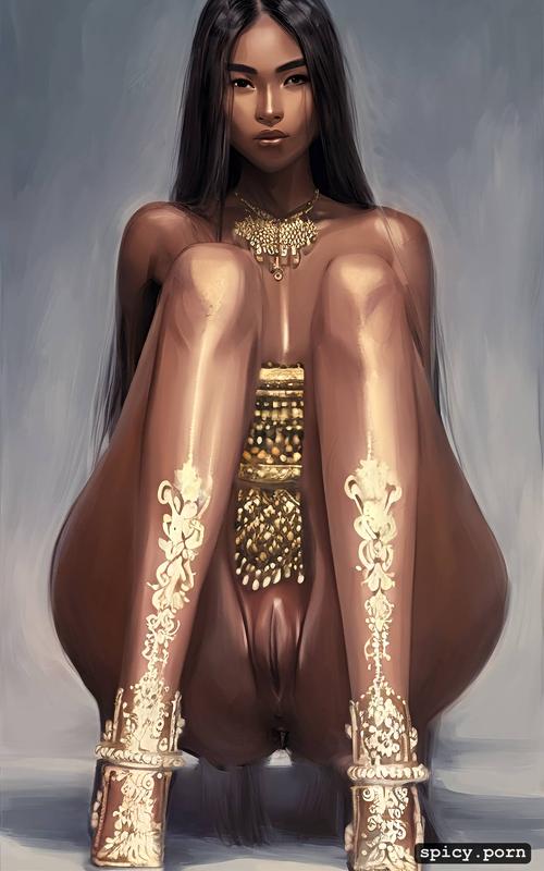 sitting open legs pussy visible, dark skin, very shy, topless full body