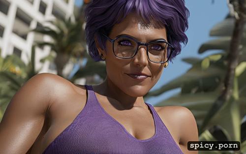 60 years old, glasses, purple hair, oiled body, gorgeous face