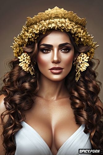 beautiful face portrait, golden greek wreath crown, princess andromache