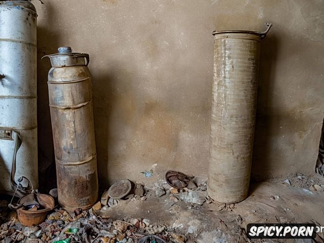 rusty gas cylinder, garbage, cement, abandoned basement