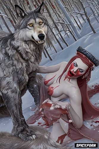 pendulous breasts, fear, princess scared, snarling, claws, giant wolf attack