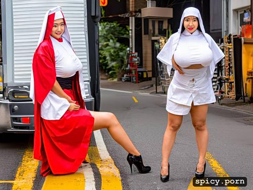 japanese woman, with massive huge giant boobs splitting open a nun outfit on the street