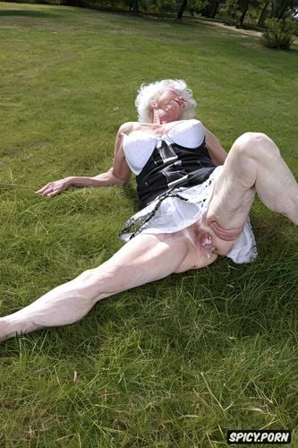 scrawny pale granny, lying on the grass, hyper realistic, huge amount of cum leaking out of white hairy granny pussy