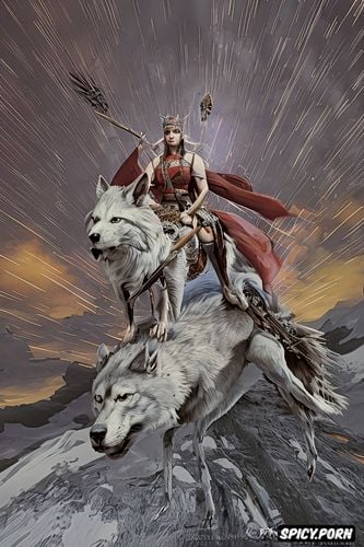spear thrower, princess mononoke squatting on the back of a giant wolf