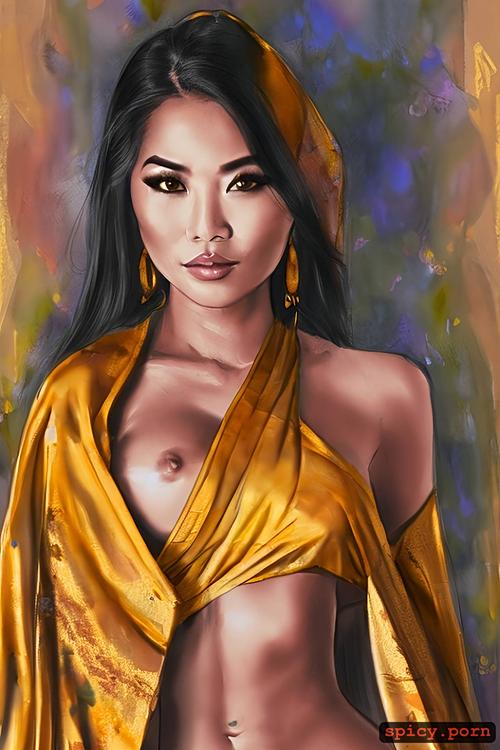 small boobs perky nipples, dark skin, intrinsic big eyes, royal thai painting