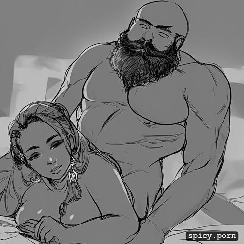 18yo, very slim, sketch, thai woman with dark skin on bed with bearded man with white skin