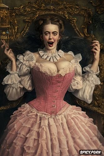 drooling, fangs, open mouth, pink nipples, victorian gown, hairy vagina