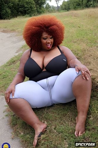 boobs disproportionate to body, busty, massive huge red afro hair