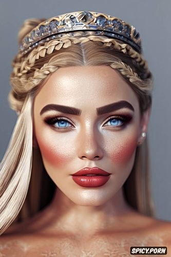 masterpiece, fantasy ancient greek queen beautiful face full lips rosey skin long soft ashen blonde hair in a braid diadem full body shot