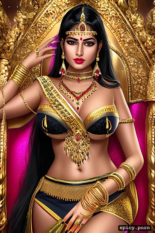 curvy hip, black hair, half saree, full body front view, perfect tits