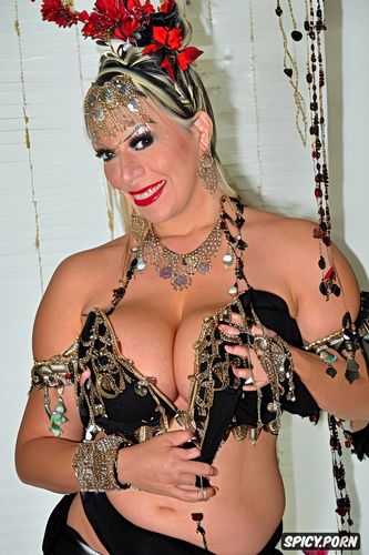 smiling, gorgeous1 45 model, fat floppy boobs, colorful jewelry