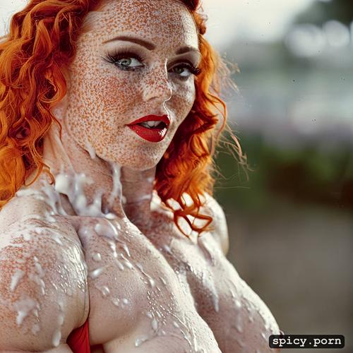 freckles on nose1 4, green eyes, only women, gorgeous redhead teen female wearing white see through bra