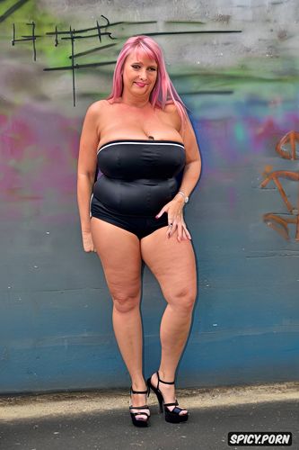 hourglass figure body, dutch mature lady, dive bar, pink hair