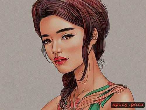 of renaud sechan, thai girl, colored pencil drawing, red lips