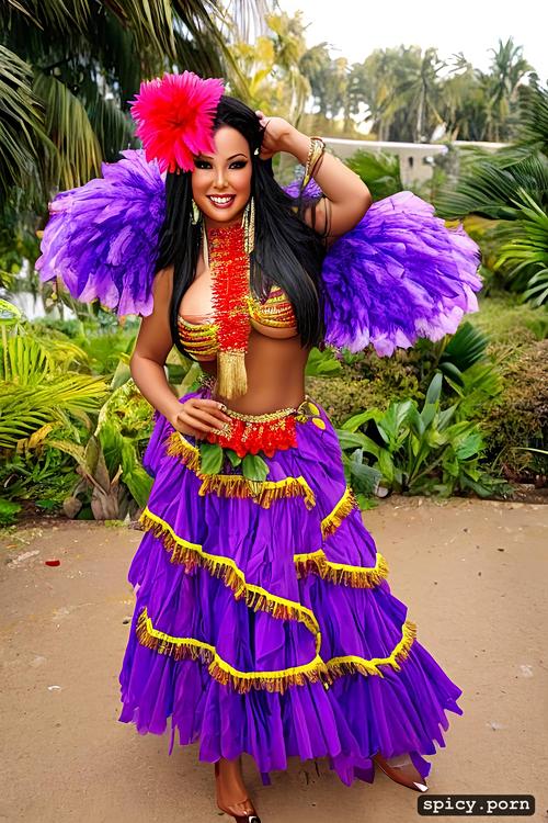 flawless smiling face, 24 yo beautiful tahitian dancer, intricate beautiful hula dancing costume