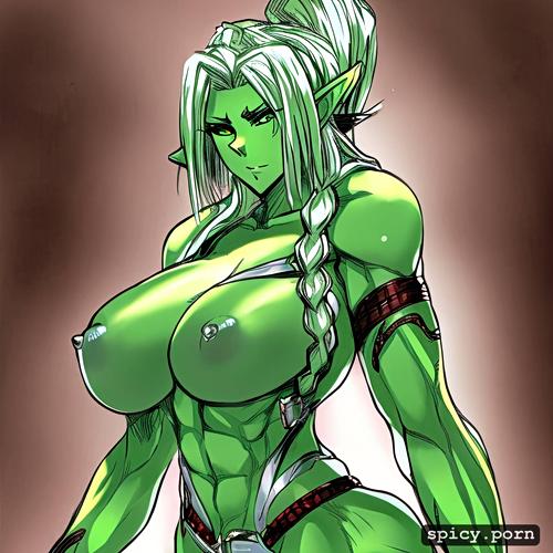 white braids, massive breasts, orc, elf ears, green skin, wearing armour