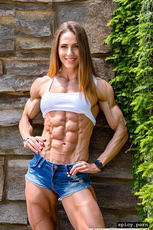 teen, big round perky boobs, smile, posing in balcony, extremely muscular female bodybuilder