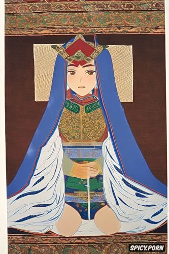 samurai, blue coat, innocent face, gold frame, transluscent veil