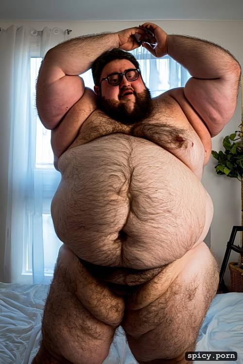 realistic very hairy big belly, whole body, show large testicle