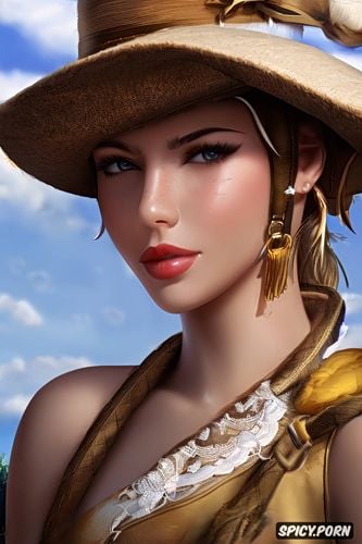 k shot on canon dslr, ultra detailed, masterpiece, mercy overwatch tight low brown peasant farmer dress beautiful face portrait