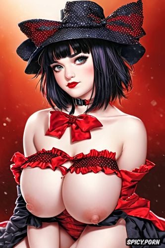 red frilly dress, pale teen, tits, lydia deetz, bows, cute young face