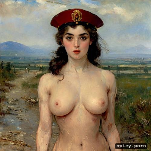 sweaty, small boobs, athletic body, perky nipples, art by vasily surikov