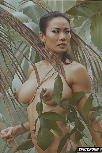 dark tan skin, analog color photography, nipples, smoke, vietnamese woman