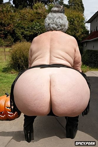 70 years old, wide hips, macromastia, huge oval nipples, fat
