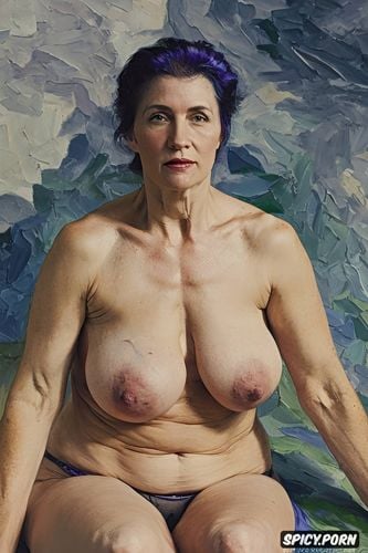 impressionism painting, old woman with small drooping tits, muscular abs