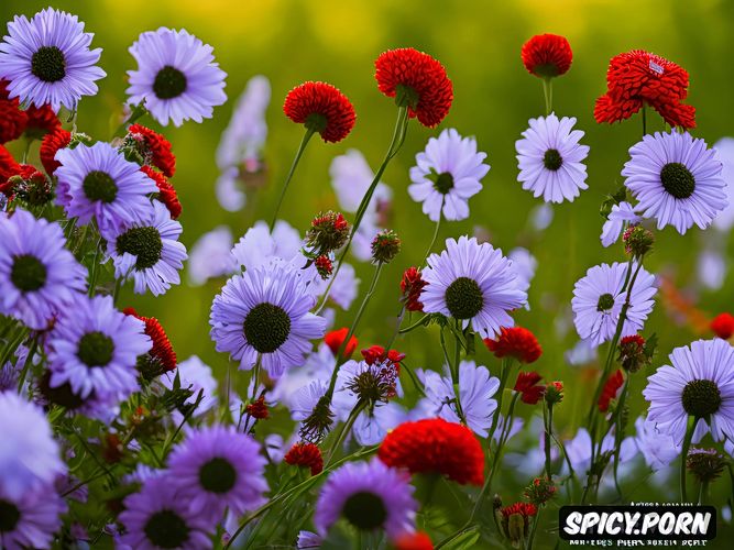 high resolution, fairytale, enchanted flower meadow, magic mushrooms