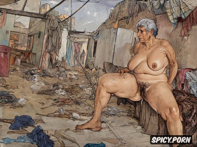 abandon building, large heavy sagging breast, spreading legs