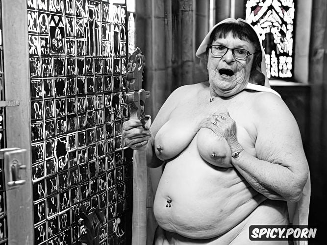 obese, pierced nipples, showing breasts an pussy, stained glass windows