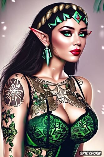 high resolution, k shot on canon dslr, tattoos masterpiece, princess zelda the legend of zelda beautiful face young sexy low cut dark green lace lingerie