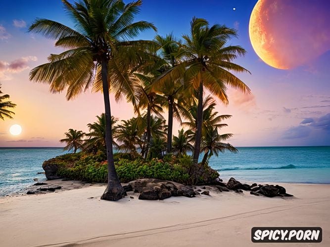 palm island in the background, young women, full moon, hiqh quality picture