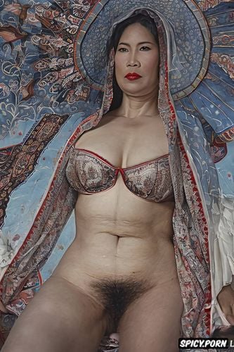 cranach, dimensional, hairy vagina, red transparent veil, thick thai woman