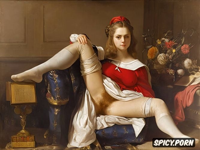 flat chest, upskirt, paul peter rubens oil painting, red ribbon