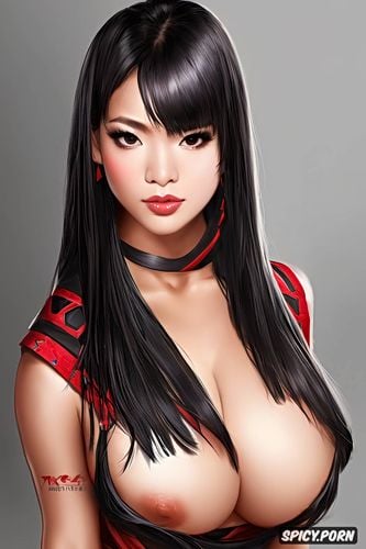 woman teen samurai with long black hair and natural breasts and wearing open samurai gi