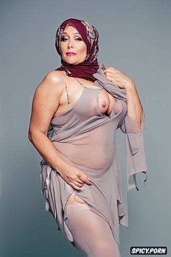 flawless, wide hips, in only hijab, totally naked, framed from forehead to thighs