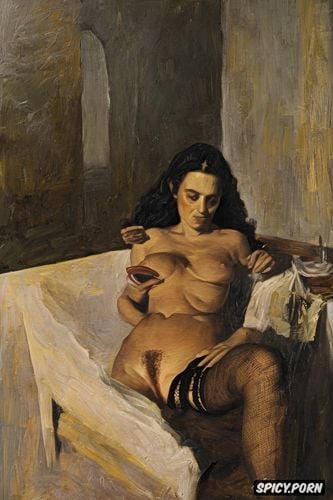 carravagio oil painting, spreading hairy pussy, scrawny, bony fingers