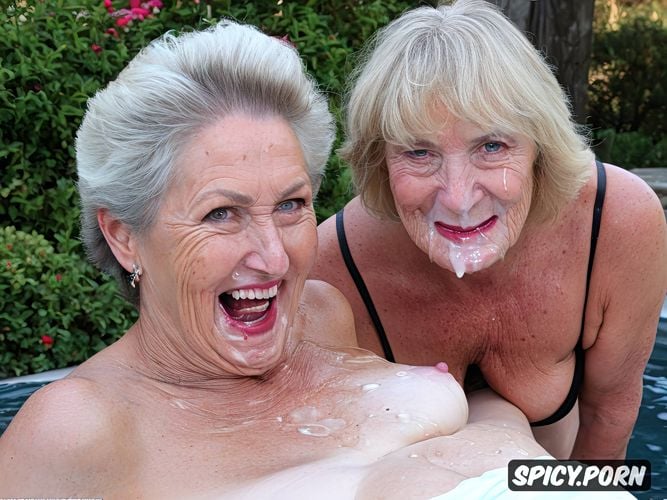 blowjob, old grandma and old aunt, visible nipples, demonic face