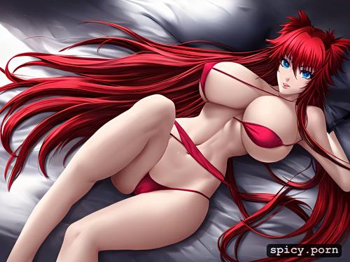 rias gremory, crimson hair, red bikini, bedroom, hourglass figure