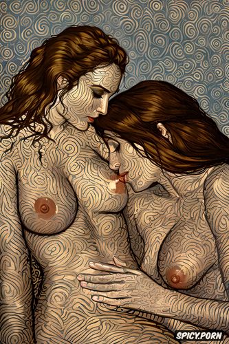women in darkened bedroom with fingertip nipple touching breasts candle dappled intimate tender lips golden light style of gustav klimt