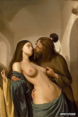 nude, ultra detailed, 8k, large breasts, lovingly kissed and embarrassed by jesus christ