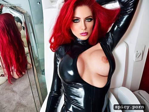 pov, red hair, tattoos, toilet, latex catsuit open top, skinny body