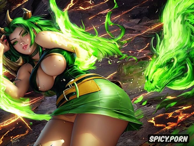 in hell pit, green hair, perfect face, 19 years old, mini skirt