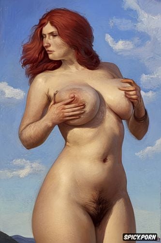 red hair, looking at the viewer, naked woman thick, front view